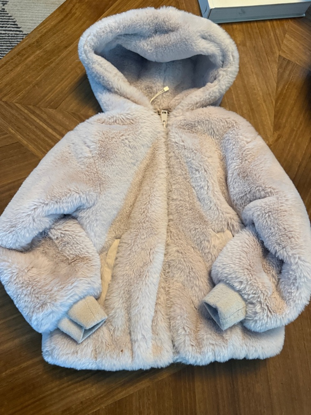Zara Faux Fur Hooded Kids Jacket - Light Beige Size 4-5